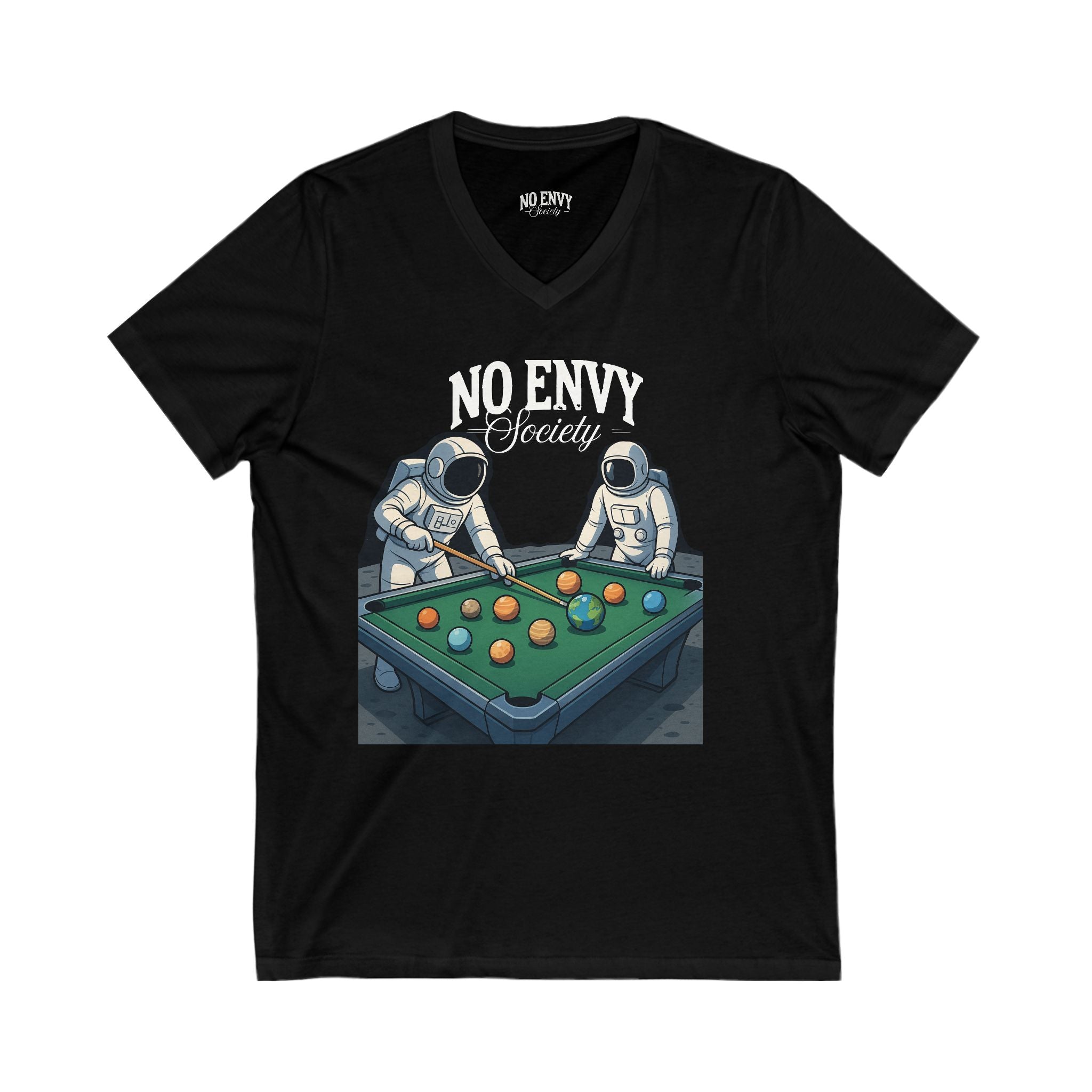 Astronauts Playing Pool V-Neck Tee, Space-Themed Shirt, Unisex Casual Wear, Perfect for Space Lovers
