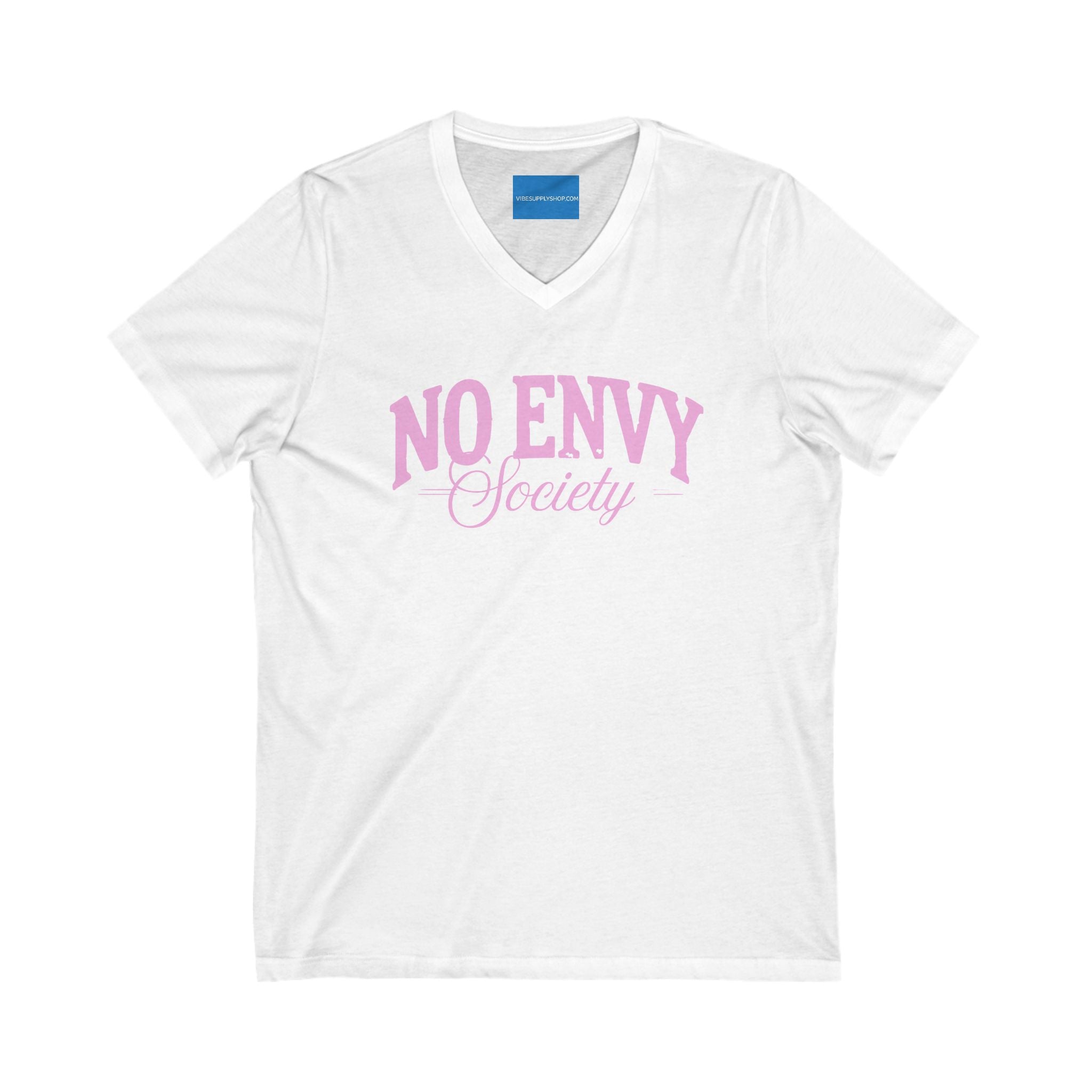 V-Neck Graphic Tee - No Envy Society & F*ck Poverty, Unisex Shirt, Casual Wear, No Envy Society Rockstar Wave V-Neck Shirt – Bold Pink Grunge Streetwear Tee