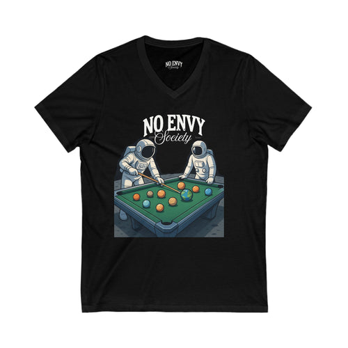 Astronauts Playing Pool V-Neck Tee, Space-Themed Shirt, Unisex Casual Wear, Perfect for Space Lovers